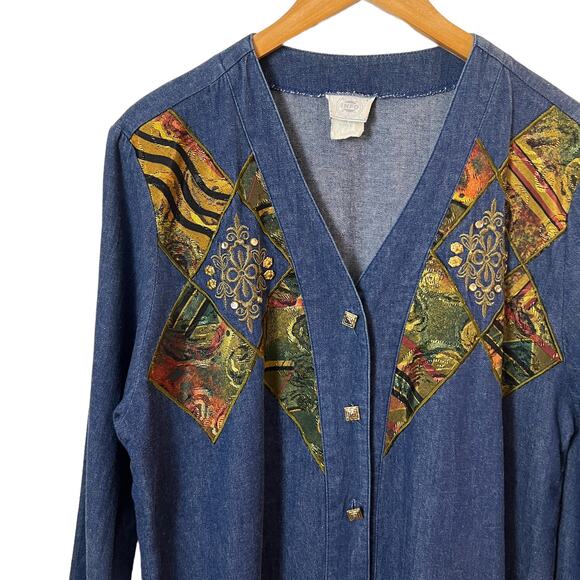 Vintage Denim Patchwork Button Down Shacket Size Large - Picture 1 of 6